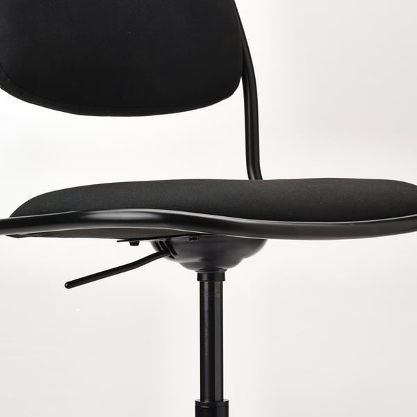 Black office chair with adjustable height, cushioned seat, back, and brake castors.