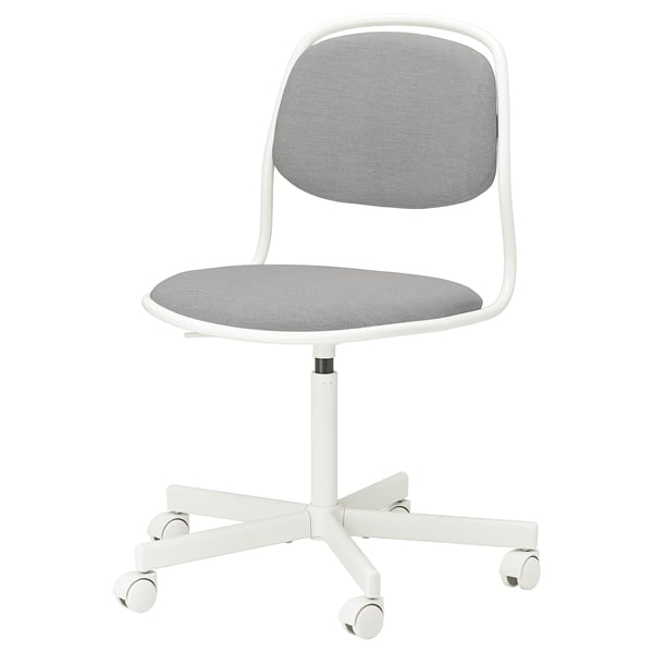 White adjustable office chair ÖRFJÄLL with gray fabric and safety brakes.