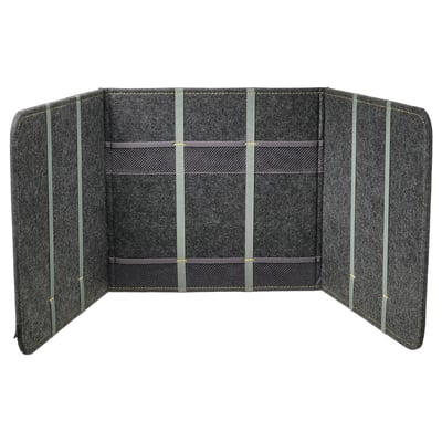 Ikea ÖVNING desk divider, dark grey, three-panel design with pockets, folds flat, made from recycled polyester.