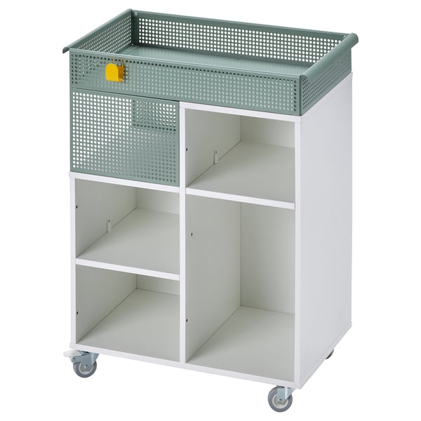 A white portable storage cart called ÖVNING with metal mesh top and shelves, featuring wheels for easy movement.