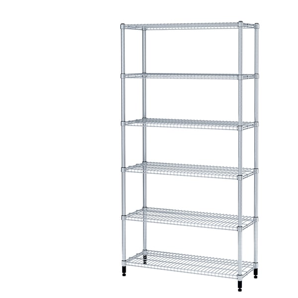 Silver wire storage rack, five shelves, adjustable feet.