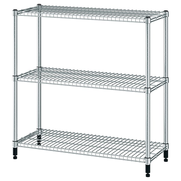 Omnar silver metal shelf unit, three-tier with adjustable shelves, sturdy legs for uneven floors.
