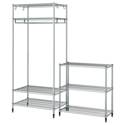 The OMAR silver metal storage rack with shelves and a clothes rail. Its a sleek, adjustable design perfect for kitchen, bathroom, or hallway use.