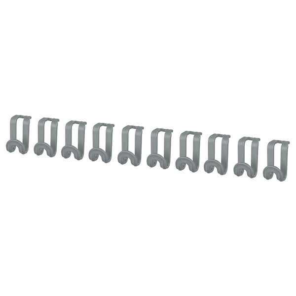 Ten grey plastic hooks, evenly spaced, designed for hanging additional items on existing hangers.