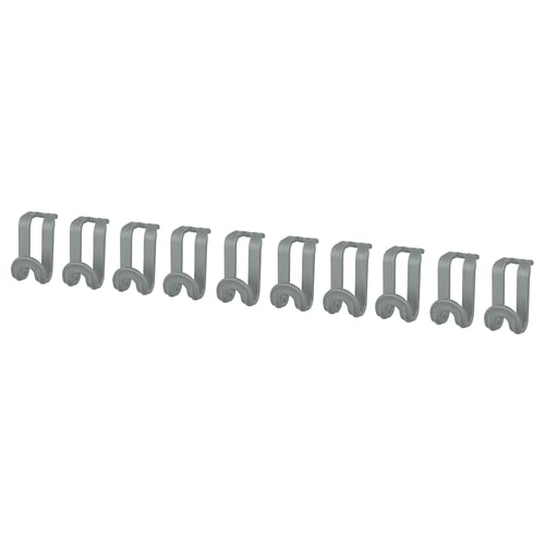 Ten grey plastic hooks, evenly spaced, designed for hanging additional items on existing hangers.