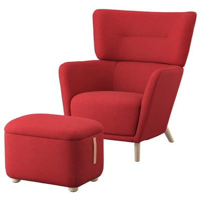 Red upholstered armchair and ottoman set with wooden legs, high back and storage for comfort and convenience.