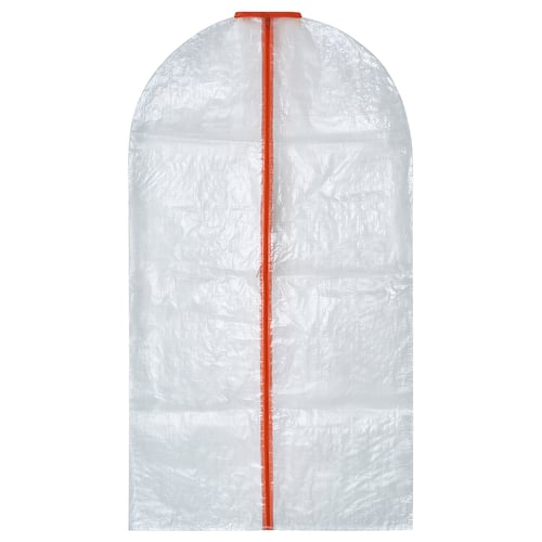 A white PÄRKLA clothes cover, slightly transparent, with a red zip for protecting garments from dust.
