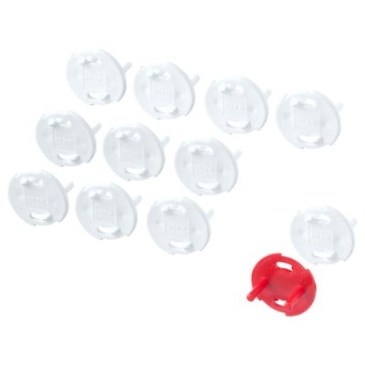 Pack of 11 white child safety plugs plus one red key, protecting wall sockets from hazards.