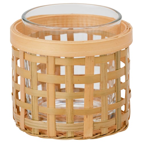 PÅVEFINK candleholder, bamboo and glass, cylindrical shape, intricate weave design, natural colour.