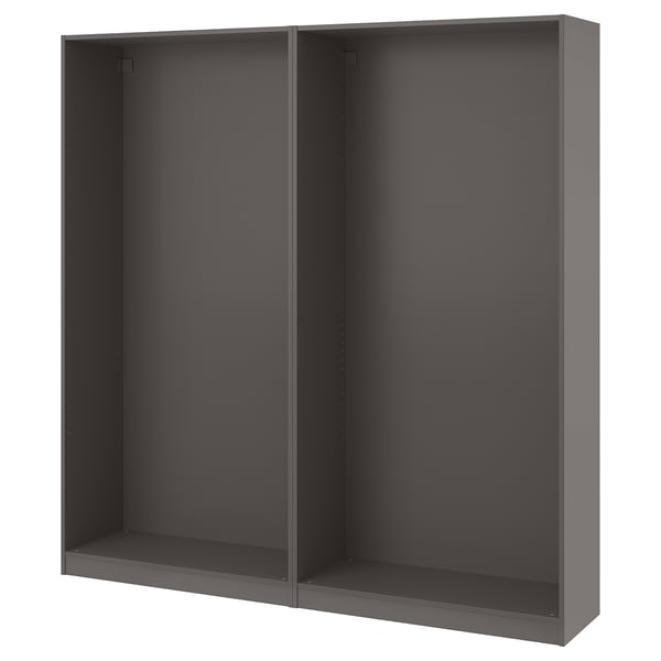 A PAX wardrobe frame in dark grey. Its rectangular, with no doors, made from particleboard and paper foil.