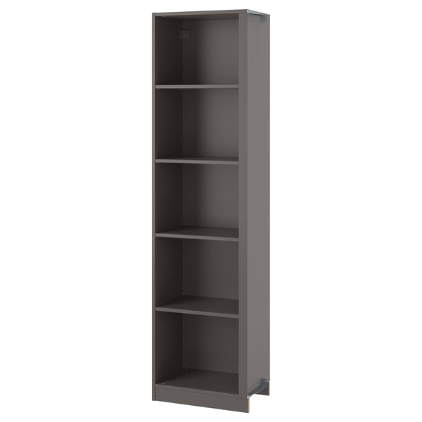 PAX grey corner shelf unit. Slim, vertical, four-shelf design for space-saving storage.