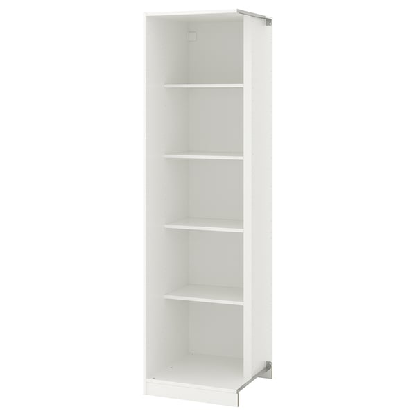 A white ikea PAX wardrobe frame in a narrow, tall form with three open shelves.