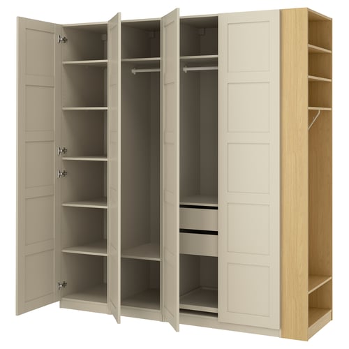 PAX / BERGSBO Wardrobe combination, grey-beige grey-beige/oak effect, 220x60x236 cm