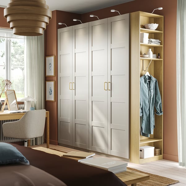PAX / BERGSBO Wardrobe combination, grey-beige grey-beige/oak effect, 220x60x236 cm