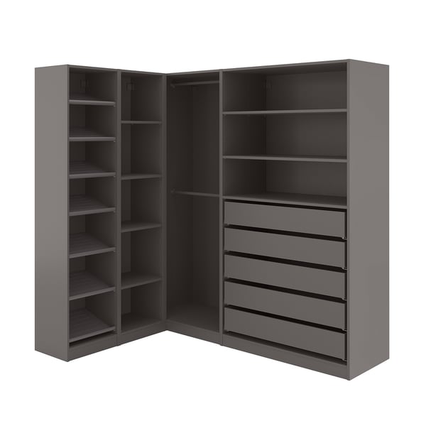 PAX wardrobe, gray, l-shape, metal and particleboard, modular storage shelves and drawers.