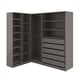 PAX wardrobe, gray, l-shape, metal and particleboard, modular storage shelves and drawers.