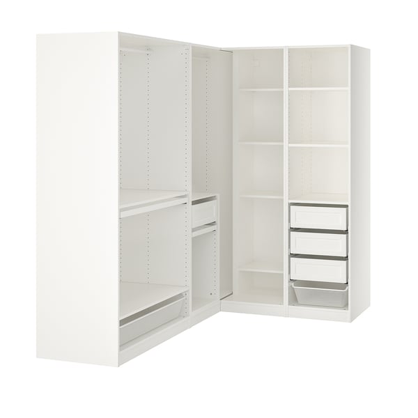 White PAX corner wardrobe system with adjustable shelves and mesh baskets.