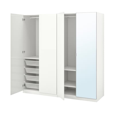 White PAX wardrobe with mirrored doors and mesh baskets.