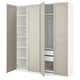 A beige ikea PAX wardrobe with open doors, showcasing adjustable shelves and a hanging section.