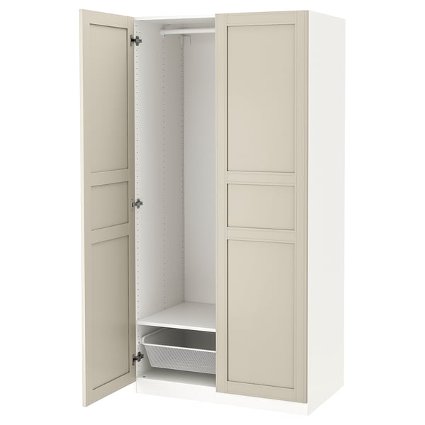 PAX wardrobe: off-white, tall, rectangular, with panels, inside storage, hanging rail, narrow frame.