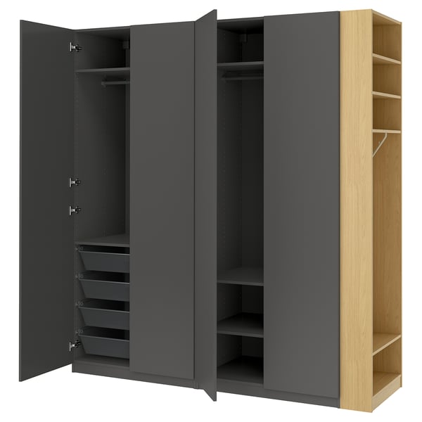 A grey PAX wardrobe with open doors, featuring drawers and shelves for organised storage.