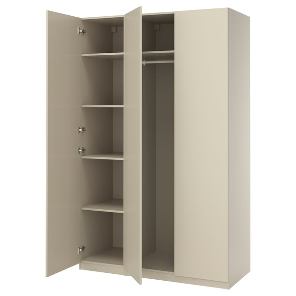 PAX wardrobe, beige, tall, 2 doors, 4 shelves, hinges, clothes rail, slim design.