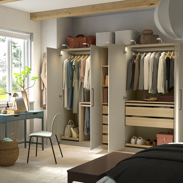 Bedroom with open wardrobe, clothes, shelves, drawers, adjustable feet, lighting.