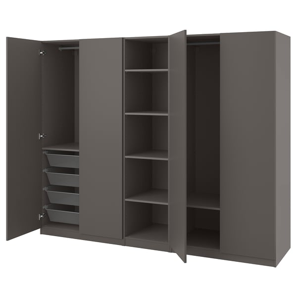 Black PAX wardrobe with three sections: two with shelves, one with hanging rod and mesh baskets.