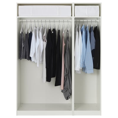Organised PAX wardrobe with clothes, boxes, adjustable feet, soft-close doors.