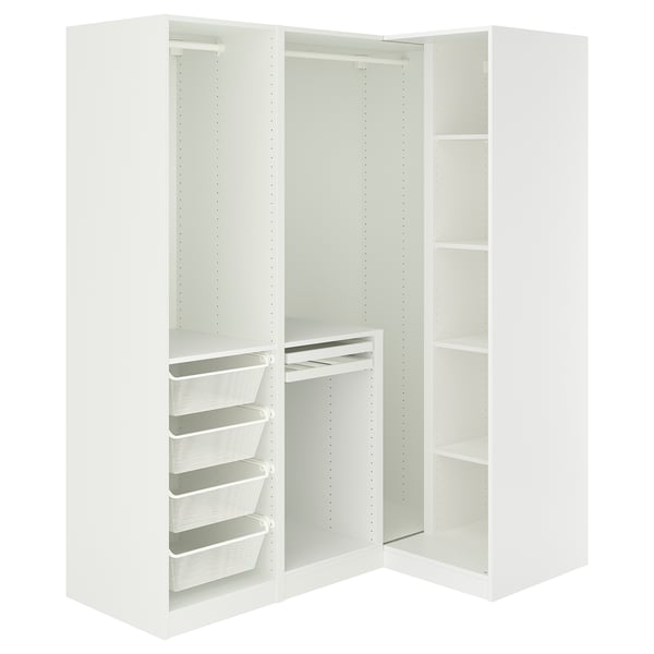 White IKEA PAX wardrobe with shelves, mesh baskets, and trouser hanger.