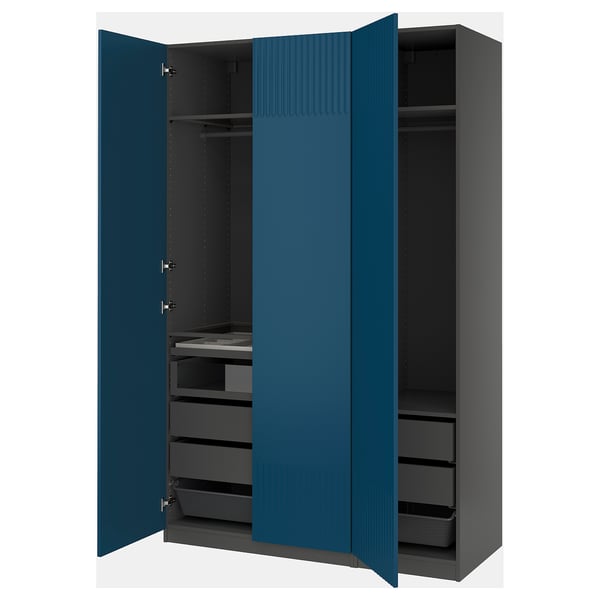 PAX wardrobe: blue exterior, dark interior, shelves and drawers, modern design.