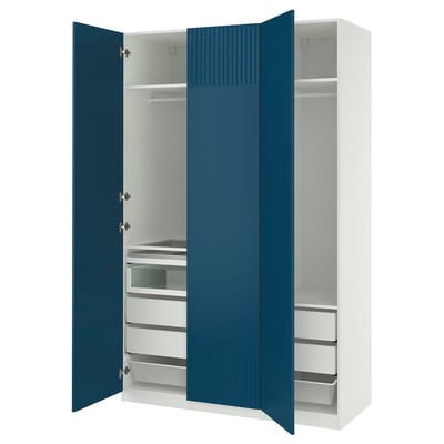 This image shows an open blue PAX wardrobe with white interior, featuring shelves and drawers.