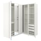 White corner wardrobe PAX with mirrored doors, multiple shelves, and drawers. Modern design, ideal for organizing clothes.
