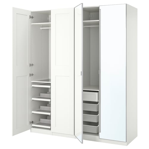 White PAX wardrobe with mirror doors, shelves, and pulls.