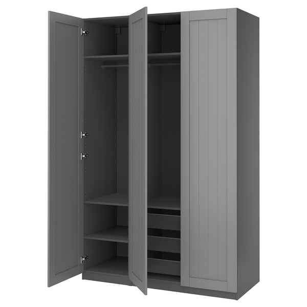 A grey PAX wardrobe with open doors showing storage shelves and organisers.