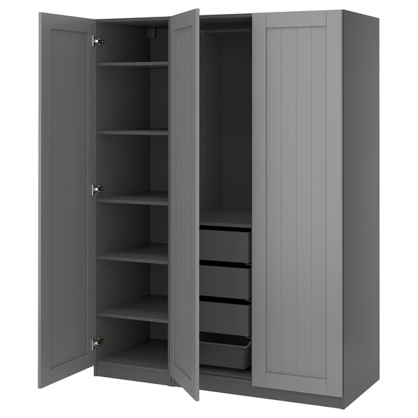 Gray PAX wardrobe with multiple shelves and a mesh basket. Soft-closing hinges and adjustable feet.