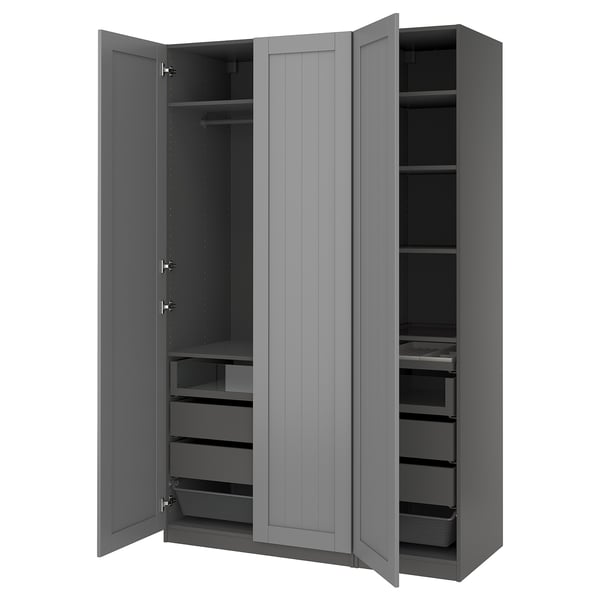 A grey PAX wardrobe with open doors, featuring multiple shelves and drawers for storage.