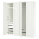 An ikea PAX wardrobe in white with shelves and drawers. It mesh baskets, adjustable feet, and soft-closing hinges.