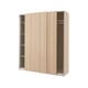 A beige PAX wardrobe with sliding doors made of wood and metal. It has an open section revealing shelves.