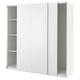 White PAX wardrobe with sliding doors and open shelf section.
