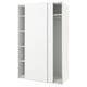 A white, tall, wardrobe with sliding doors and shelves inside. Its sleek and modern, with a minimalist design.