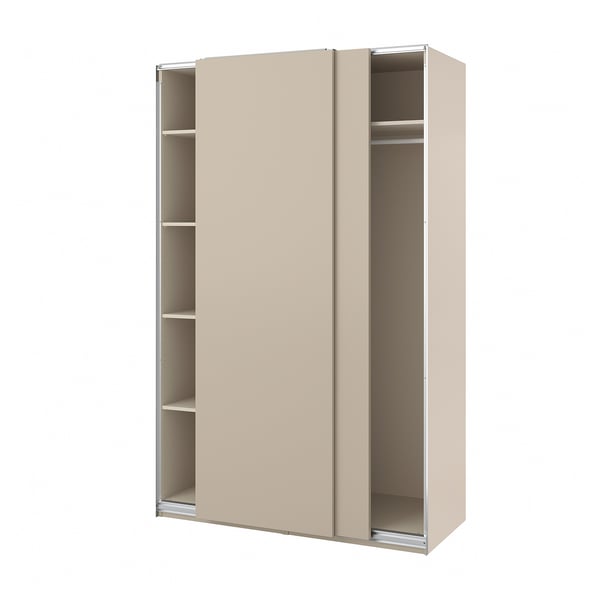 A beige ikea PAX wardrobe with sliding doors and internal shelves.