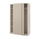 A beige ikea PAX wardrobe with sliding doors and internal shelves.