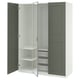 Displays a PAX wardrobe in white with green doors, featuring open sections revealing shelves and drawers.
