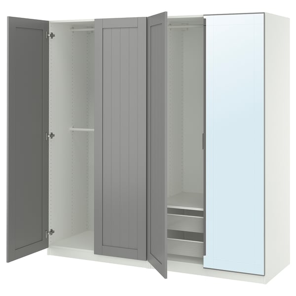 PAX wardrobe: white & gray, glass top, sliding doors, mesh basket, adjustable shelves.
