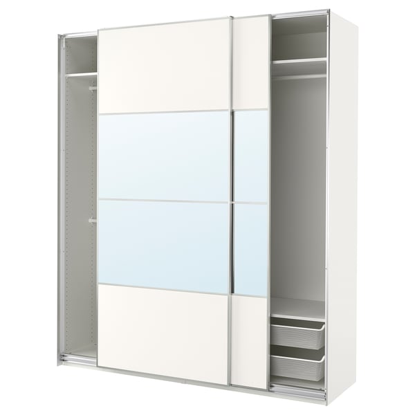 A white PAX wardrobe with mirrored sliding doors, containing shelves and a mesh basket.