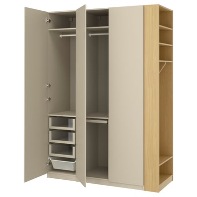 PAX / REINSVOLL Wardrobe combination, grey-beige grey-beige/oak effect, 170x60x236 cm