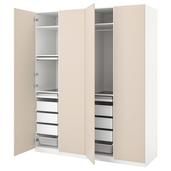 Beige PAX wardrobe with open doors, shelves, drawers, and compartments.