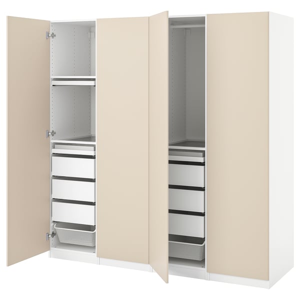 PAX wardrobe, beige, with shelves, drawers, and hangers.