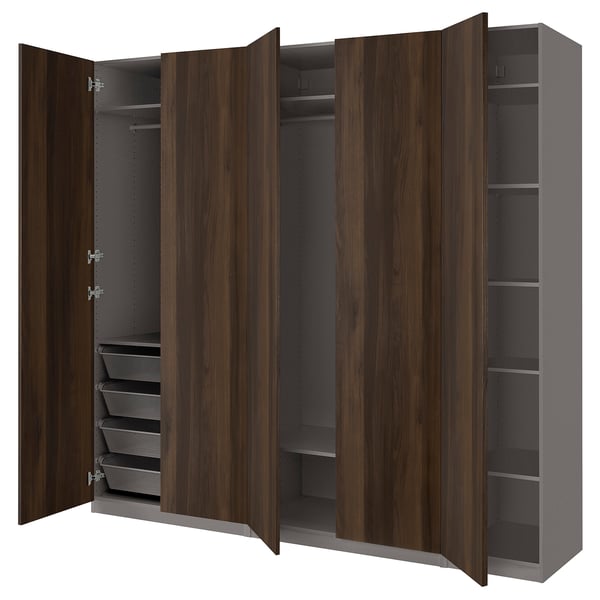 PAX wardrobe: dark brown, wood grain, four doors, open shelves, adjustable shelves.